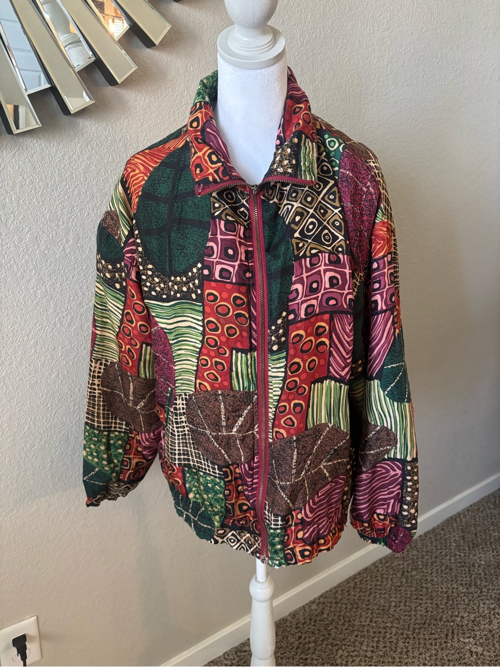 Multicolor Patchwork Bomber Jacket - Green/Pink/Red
